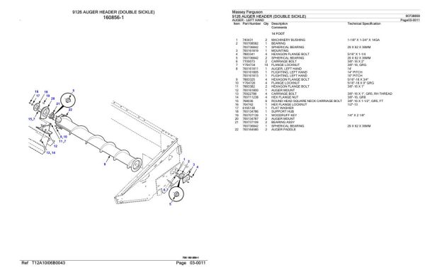 Massey Ferguson 9126 Auger Header Double Sickle Parts Catalog 00738859 1