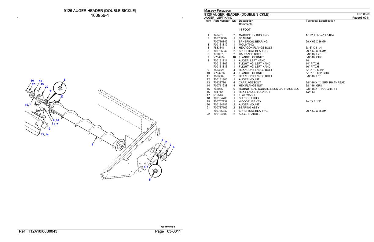 Massey Ferguson 9126 Auger Header Double Sickle Parts Catalog 00738859 1