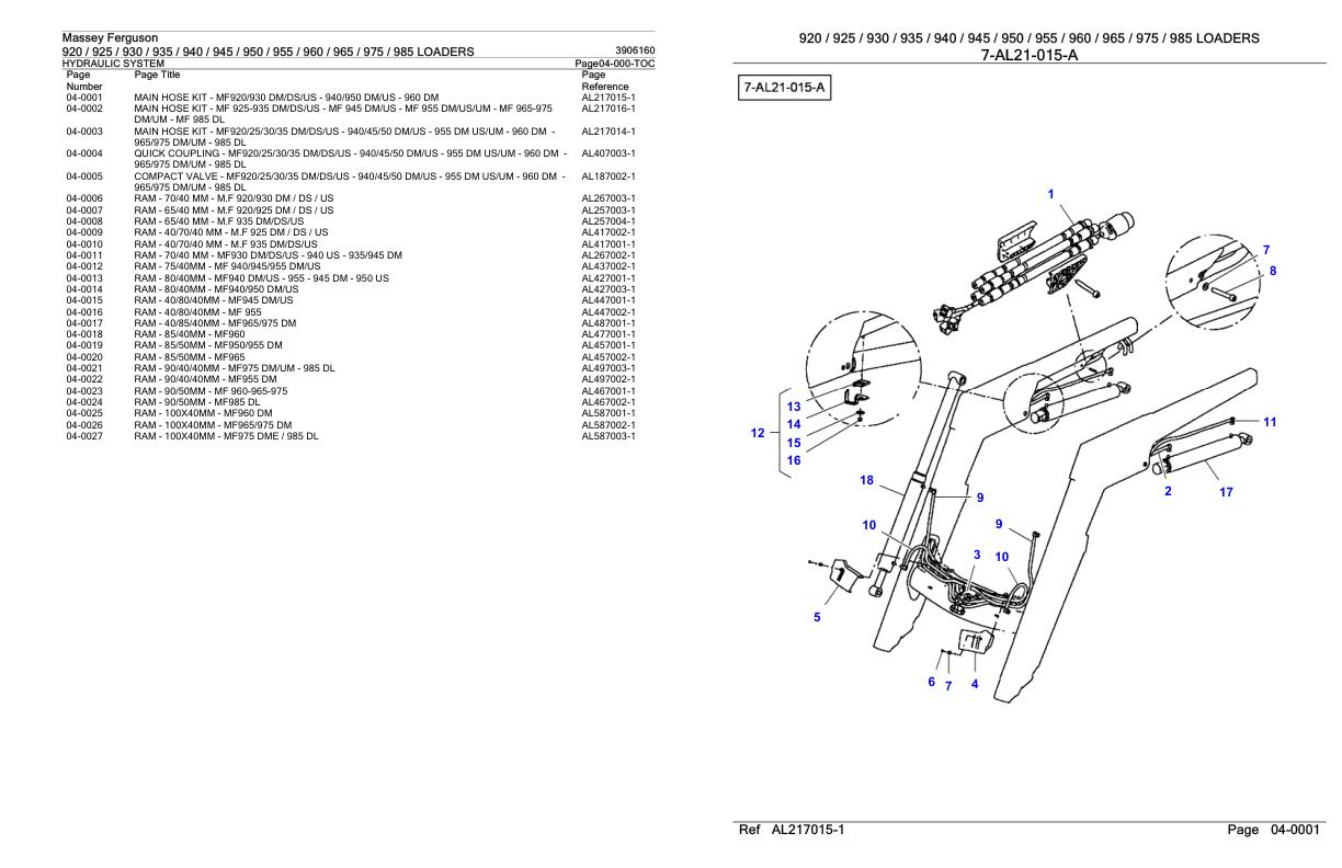 Massey Ferguson 920 to 985 Loader Parts Catalog 3906160 1