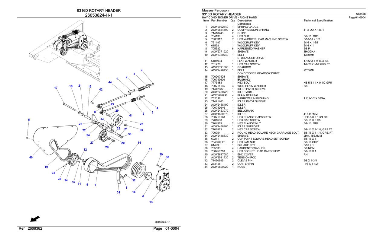 Massey Ferguson 9316D Rotary Header Parts Catalog 652428 1