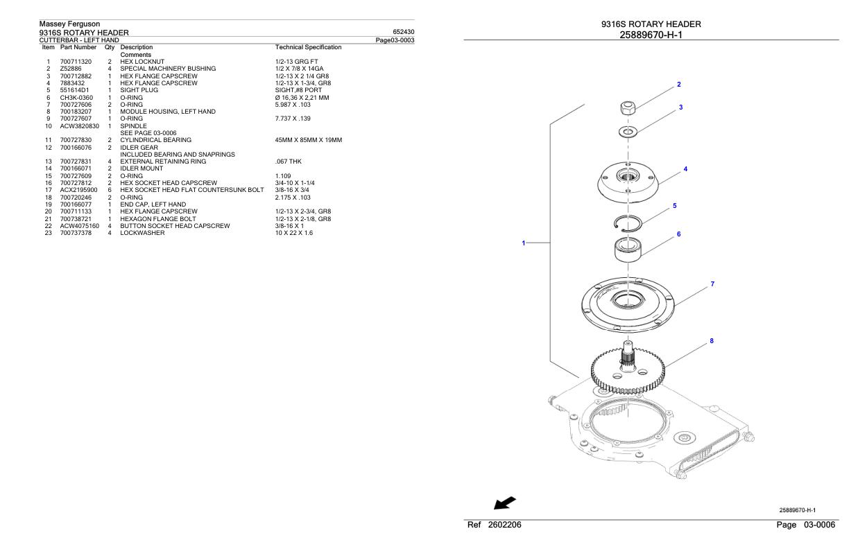 Massey Ferguson 9316S Rotary Header Parts Catalog 652430 1
