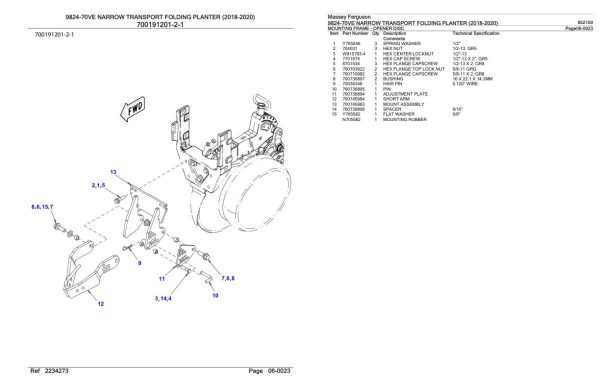 Massey Ferguson 9824 70VE Narrow Transport Folding Planter 2018 2020 Parts Catalog 652159 2