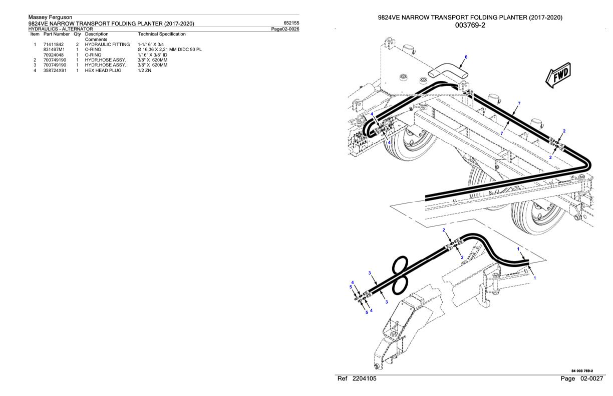 Massey Ferguson 9824VE Narrow Transport Folding Planter 2017 2020 Parts Catalog 652155 1