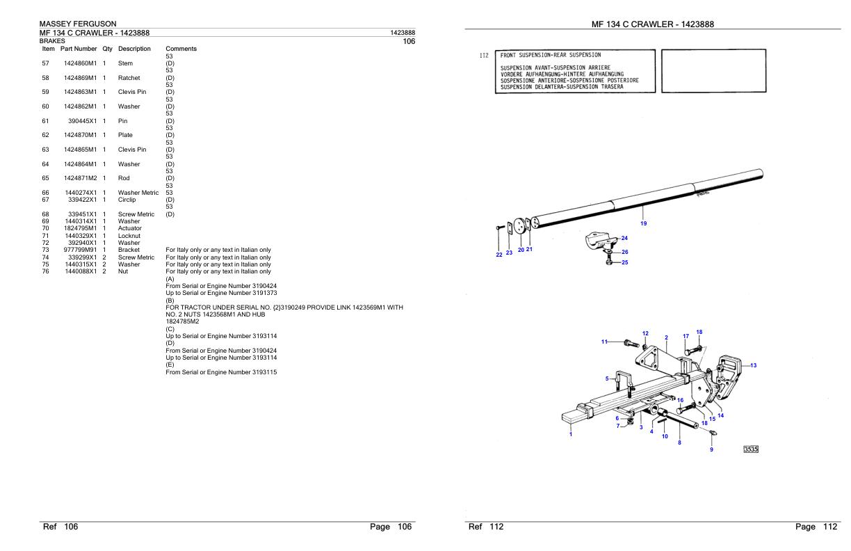 Massey Ferguson MF 134 C Crawler Parts Catalog 1423888 1