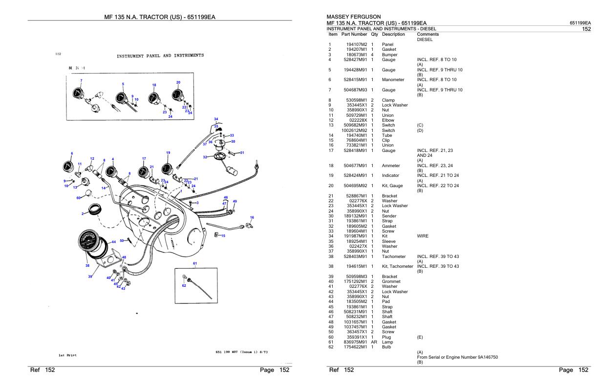 Massey Ferguson MF 135 N.a. Tractor Parts Catalog 651199EA 1