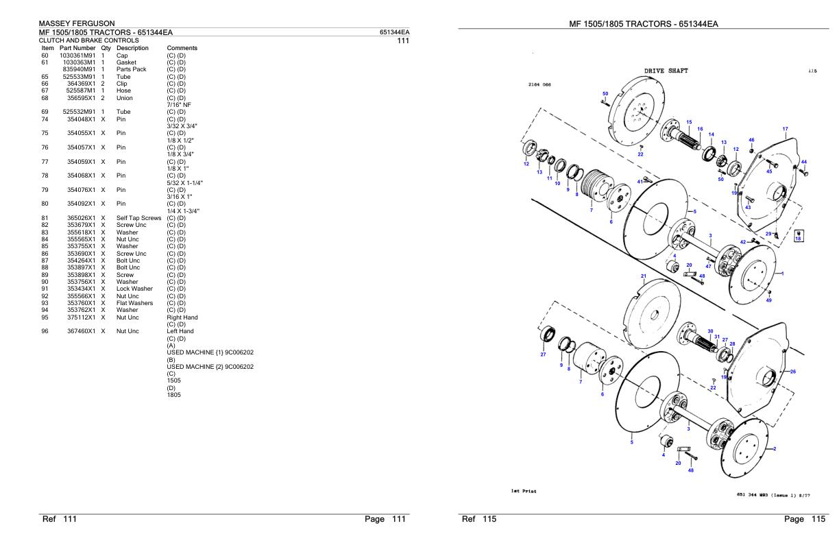 Massey Ferguson MF 1505 1805 Tractor Parts Catalog 651344EA 1