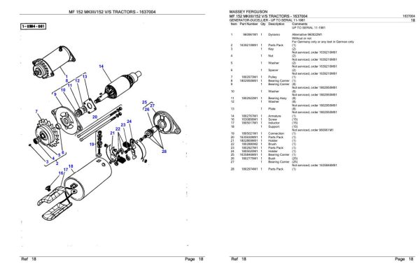 Massey Ferguson MF 152 MKIIII 152 V S Tractor Parts Catalog 1637004 1