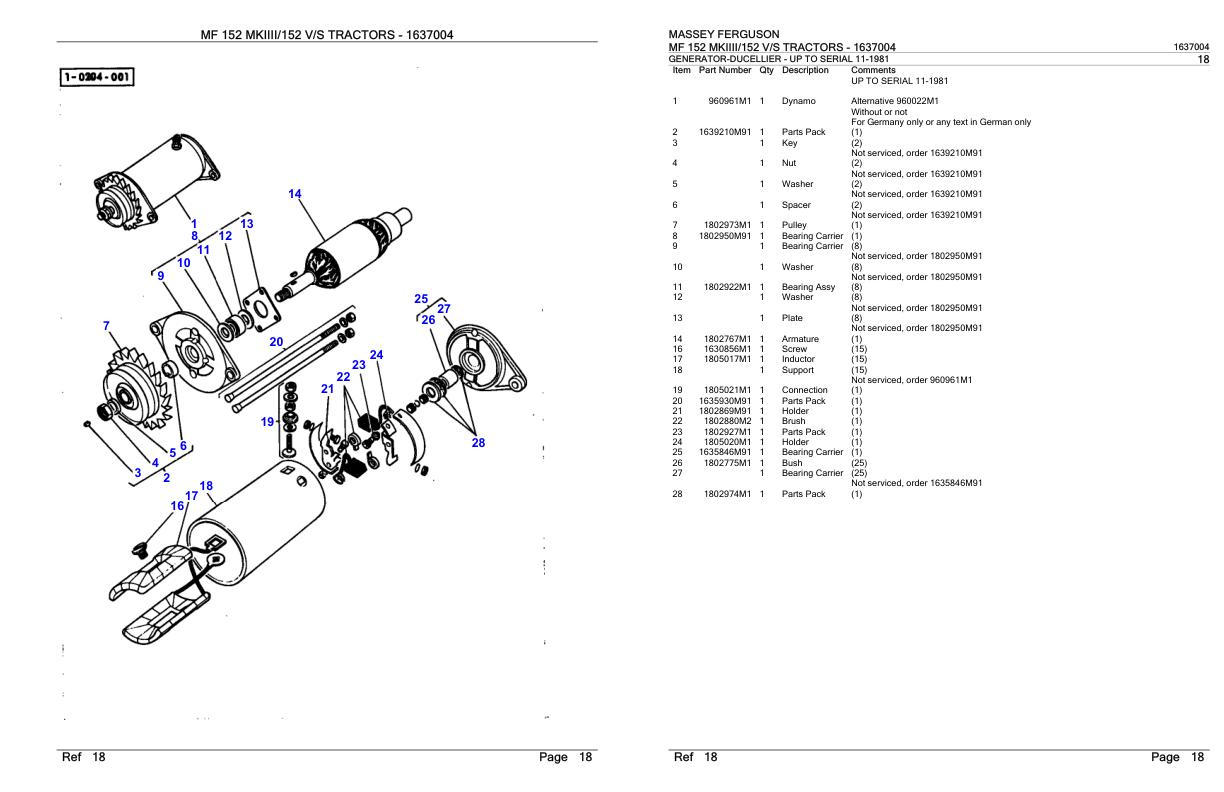 Massey Ferguson MF 152 MKIIII 152 V S Tractor Parts Catalog 1637004 1
