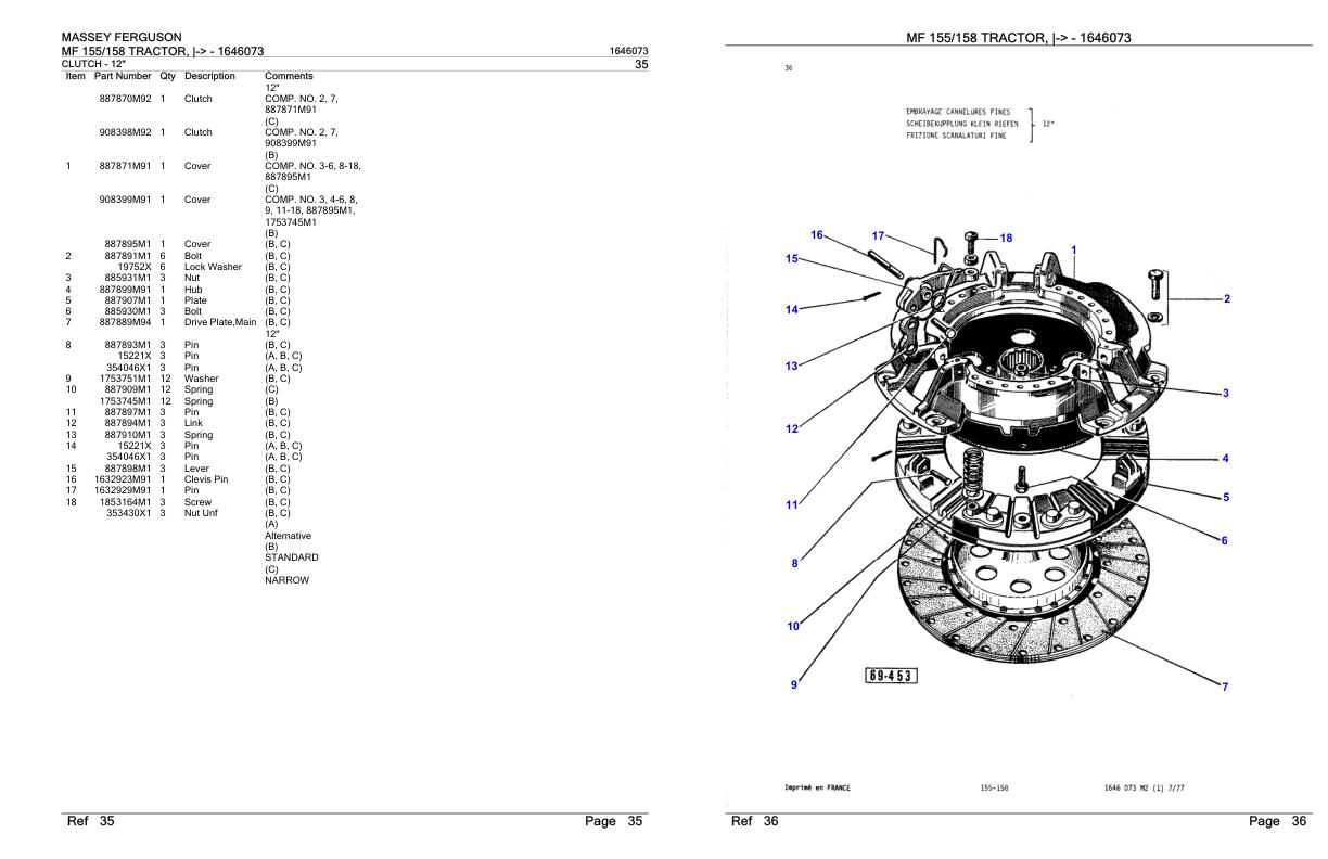 Massey Ferguson MF 155 158 Tractor Parts Catalog 1646073 1