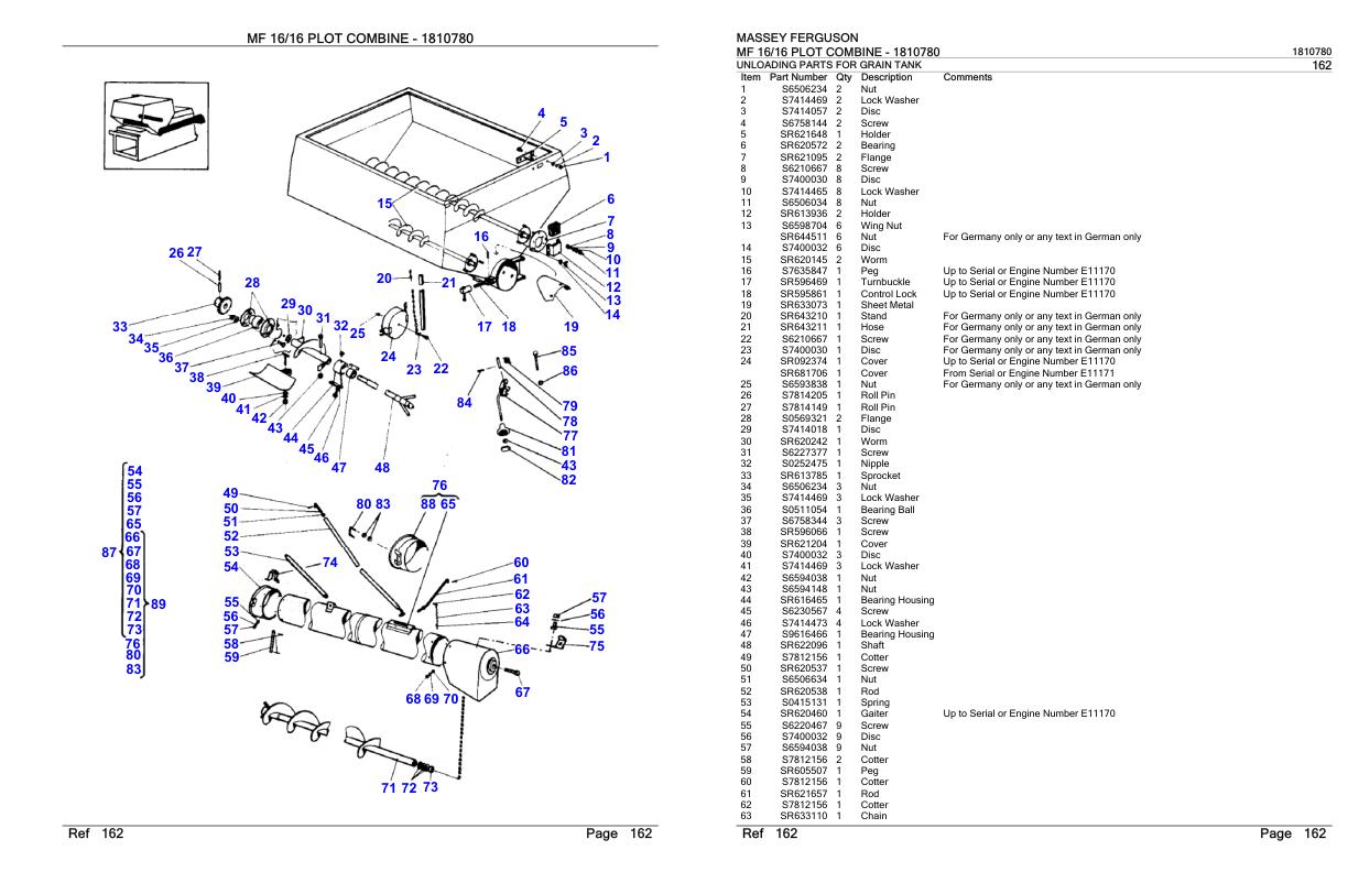 Massey Ferguson MF 16 and 16 Combine Parts Catalog 1810780 1