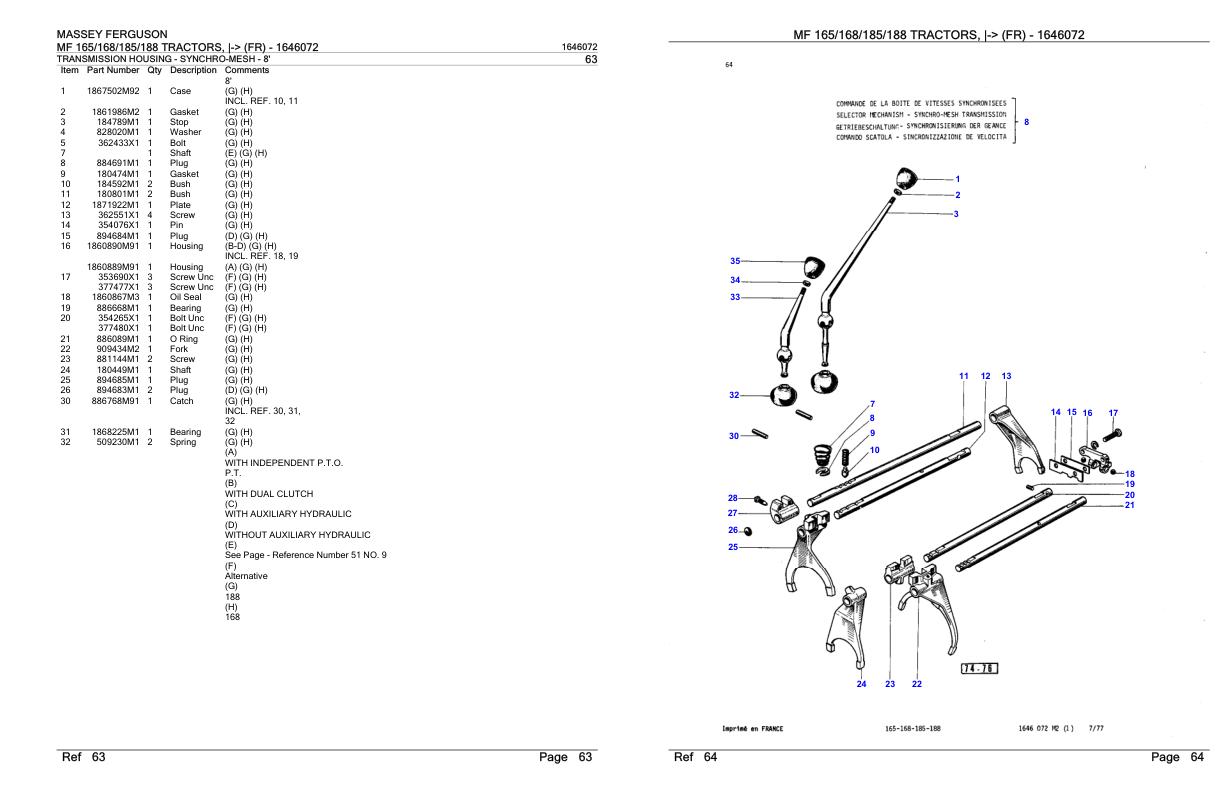 Massey Ferguson MF 165 168 185 188 Tractor Parts Catalog 1646072 1