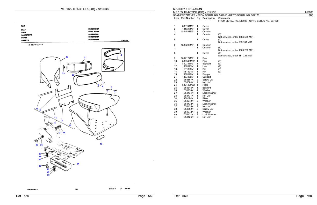 Massey Ferguson MF 165 Tractor Parts Catalog 819536 1