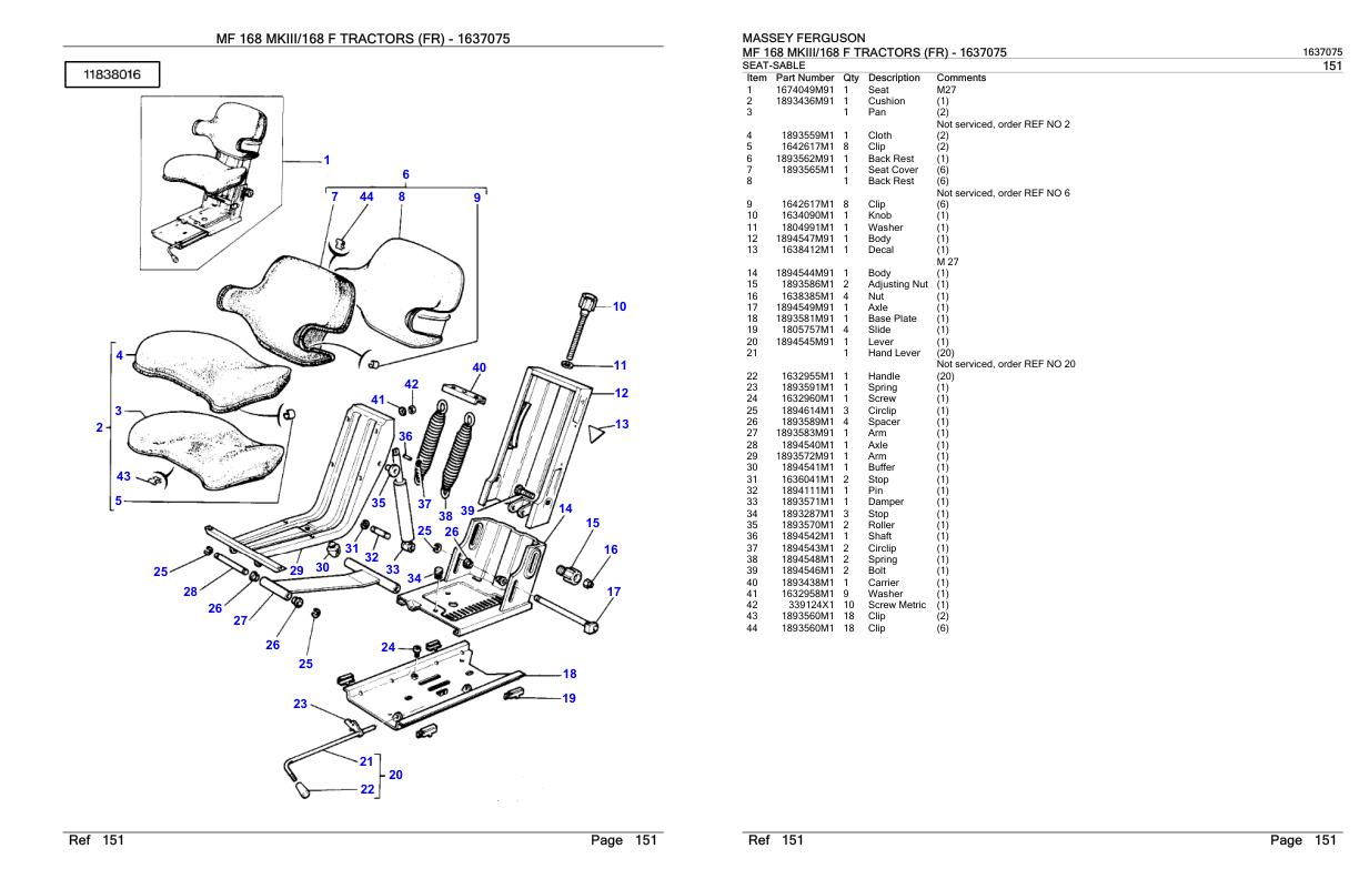 Massey Ferguson MF 168 MKIII 168 F Tractor FR Parts Catalog 1637075 1
