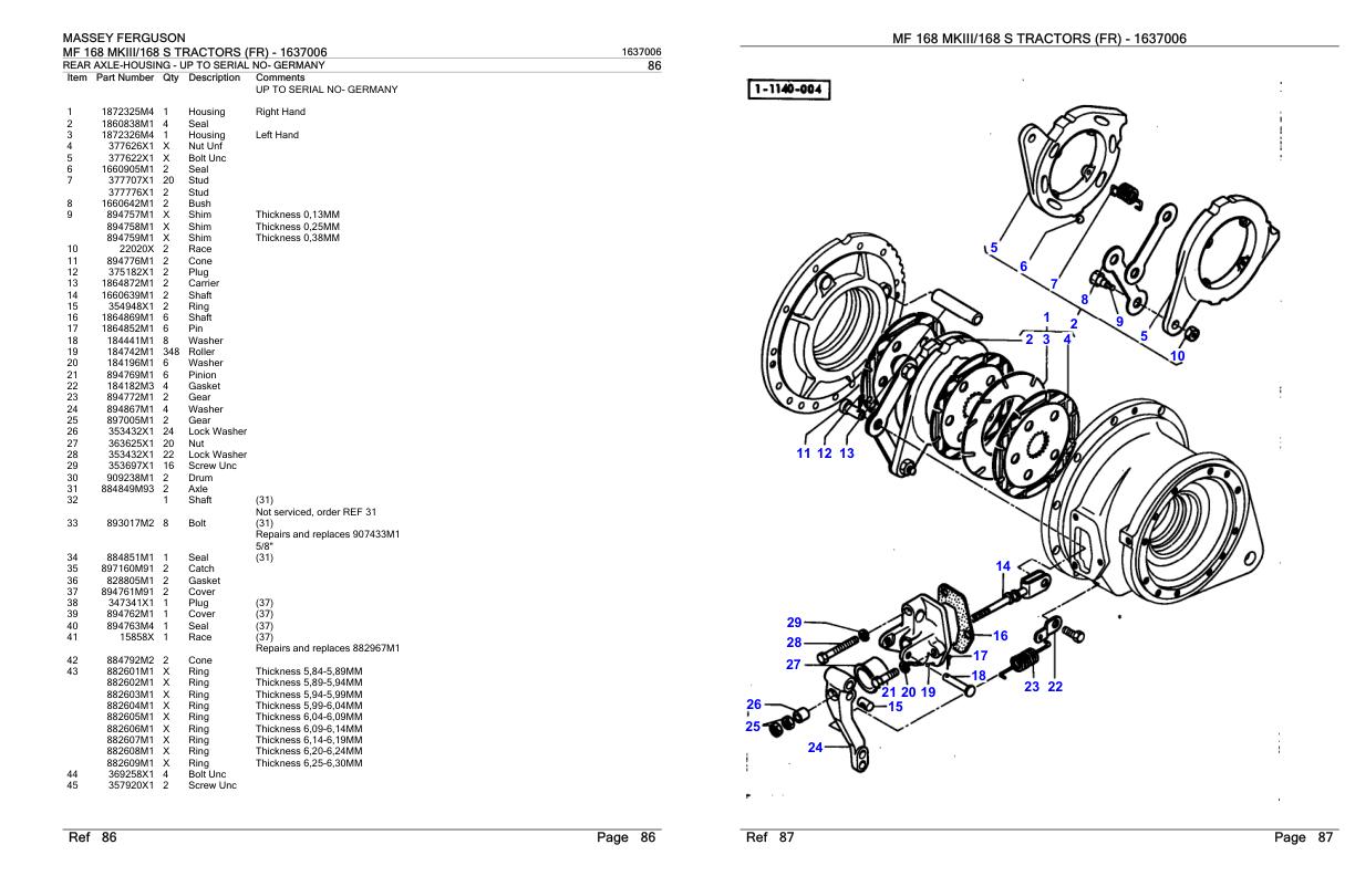 Massey Ferguson MF 168 MKIII 168 S Tractor FR Parts Catalog 1637006 1