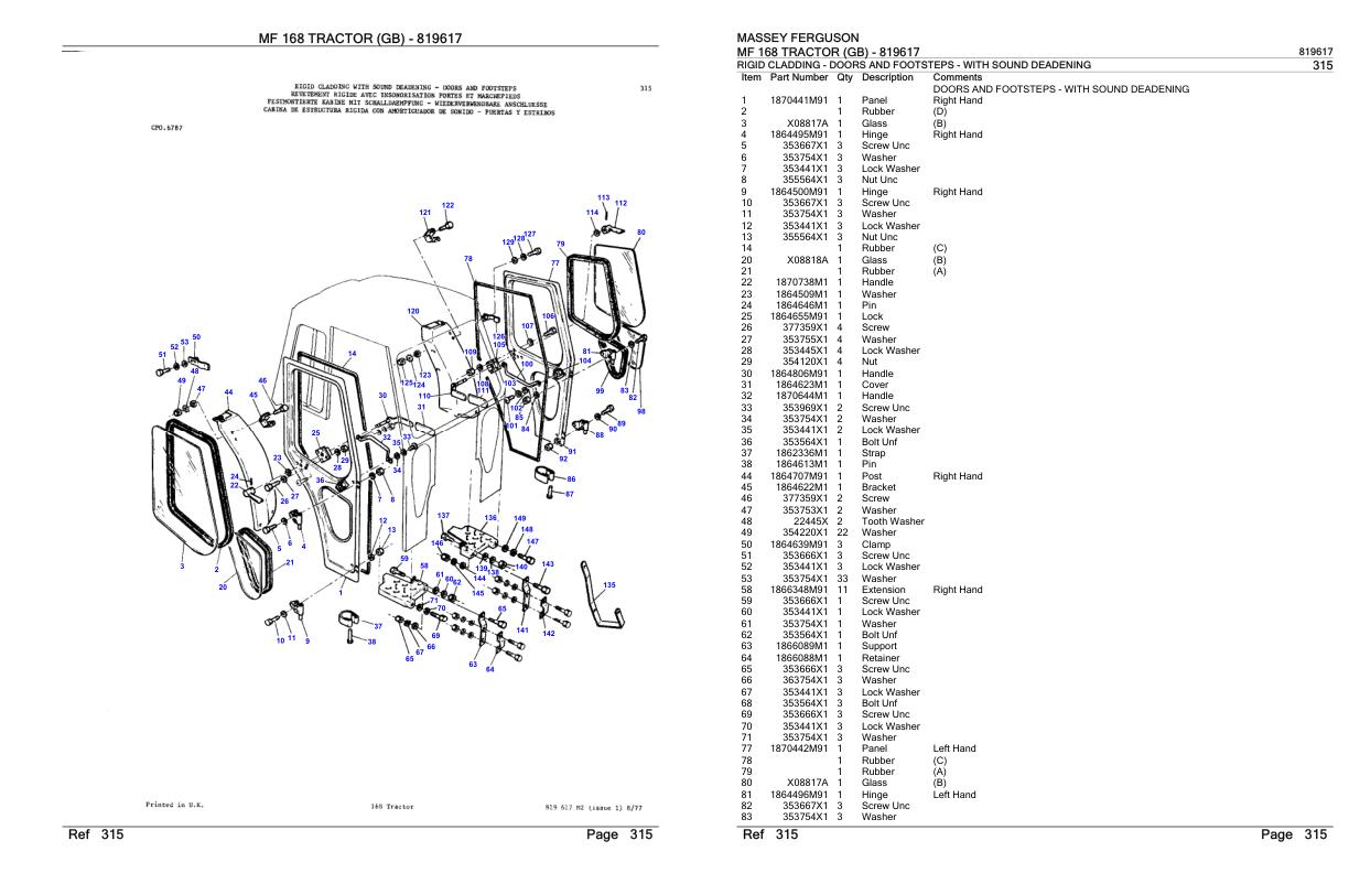 Massey Ferguson MF 168 Tractor Parts Catalog 819617 1