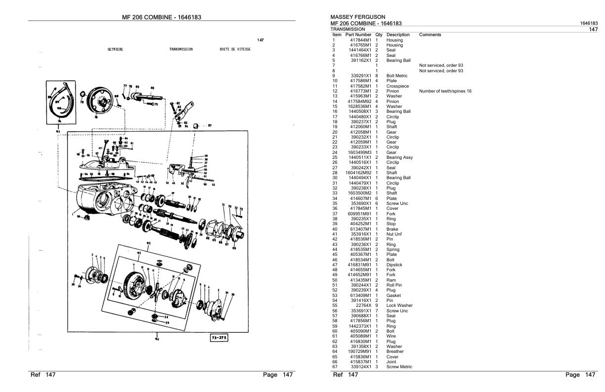 Massey Ferguson MF 206 Combine Parts Catalog 1646183 1