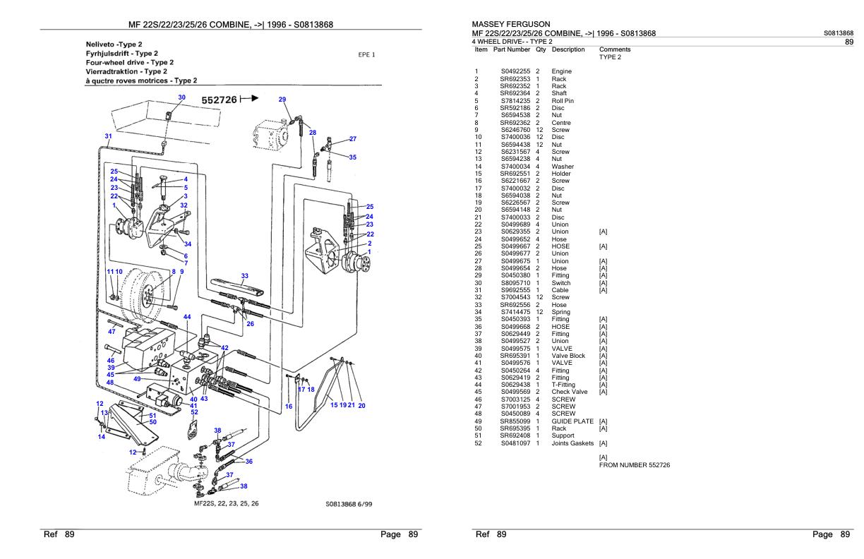 Massey Ferguson MF 22S 22 23 25 26 Combine 1996 Parts Catalog S0813868 1