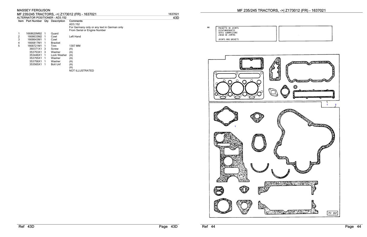 Massey Ferguson MF 235 245 Tractor Parts Catalog 1637021 1