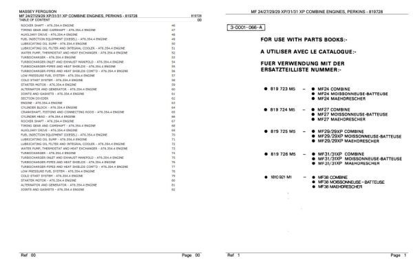 Massey Ferguson MF 24 27 29 29 XP 31 31 XP Combine Engine Perkins Parts Catalog 819728 2