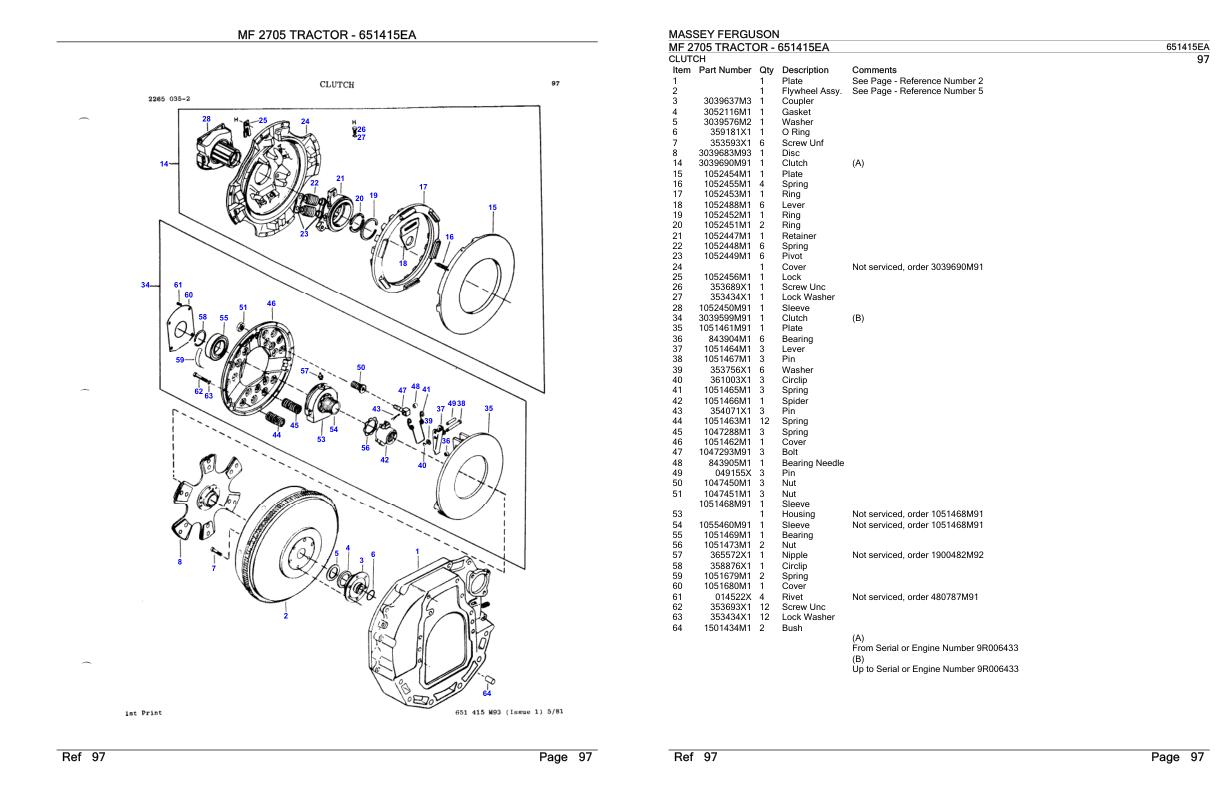 Massey Ferguson MF 2705 Tractor Parts Catalog 651415EA 1