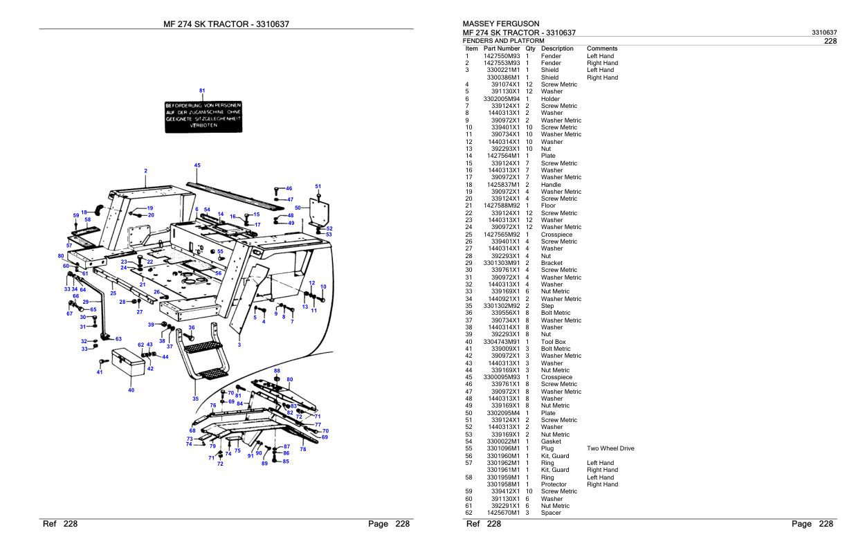 Massey Ferguson MF 274 SK Tractor Parts Catalog 3310637 1