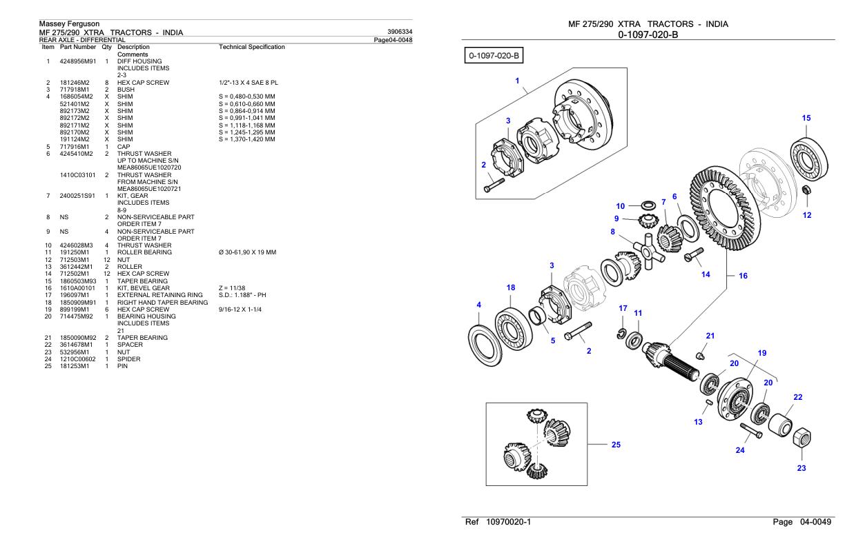 Massey Ferguson MF 275 290 XTRA Tractor Parts Catalog 3906334
