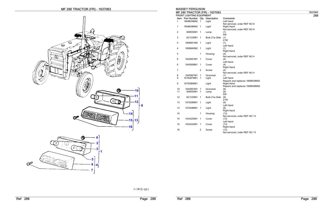 Massey Ferguson MF 290 Tractor Parts Catalog 1637063
