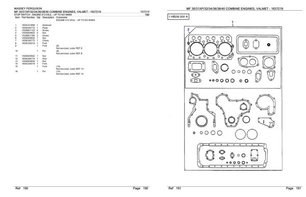 Massey Ferguson MF 30 31XP 32 34 36 38 40 Combine Engine Valmet Parts Catalog 1637219 1