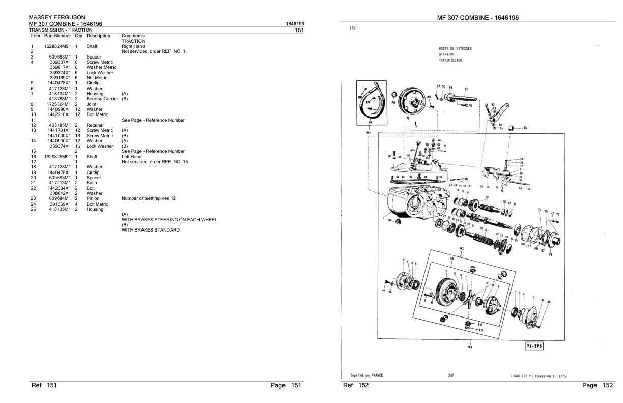 Massey Ferguson MF 307 Combine Parts Catalog 1646196 1
