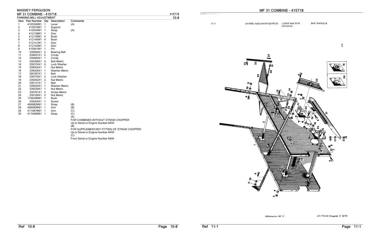 Massey Ferguson MF 31 Combine Parts Catalog 415718 1