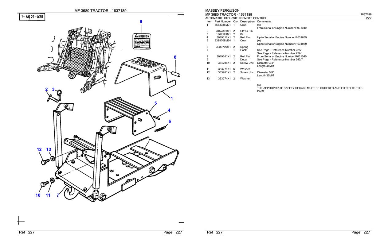 Massey Ferguson MF 3680 Tractor Parts Catalog 1637189 1