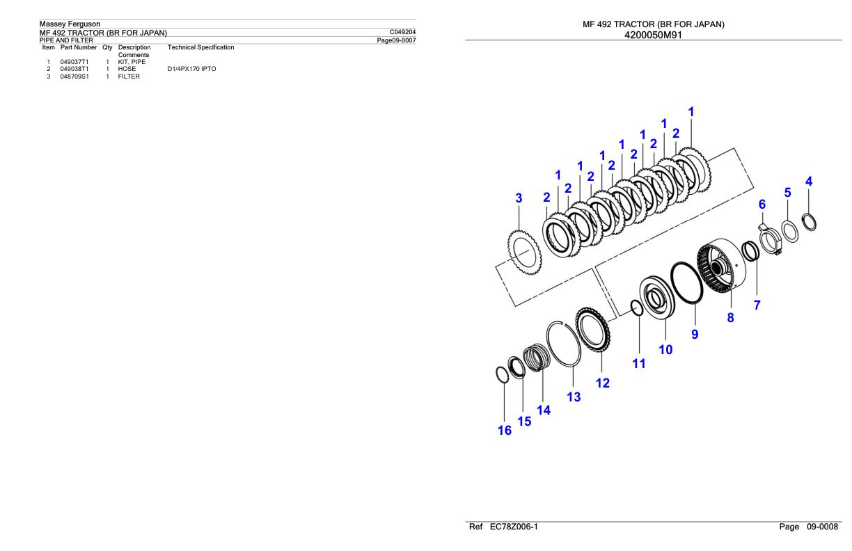 Massey Ferguson MF 492 Tractor Parts Catalog C049204 1
