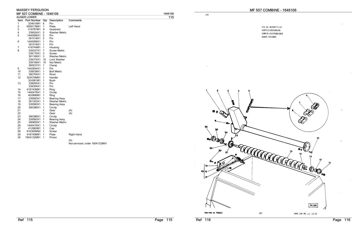 Massey Ferguson MF 507 Combine Parts Catalog 1646106 1