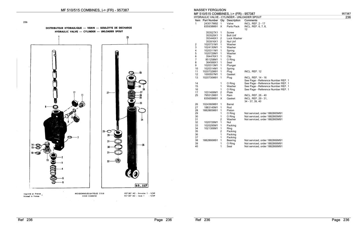 Massey Ferguson MF 510 515 Combine FR Parts Catalog 957387