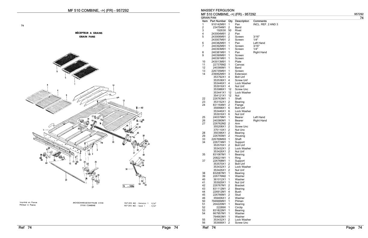 Massey Ferguson MF 510 Combine FR Parts Catalog 957292 1