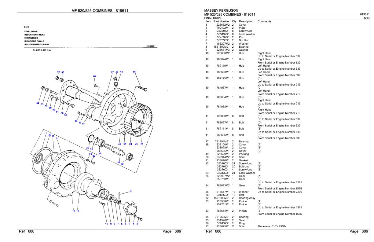 Massey Ferguson MF 520 525 Combine Parts Catalog 819611 1