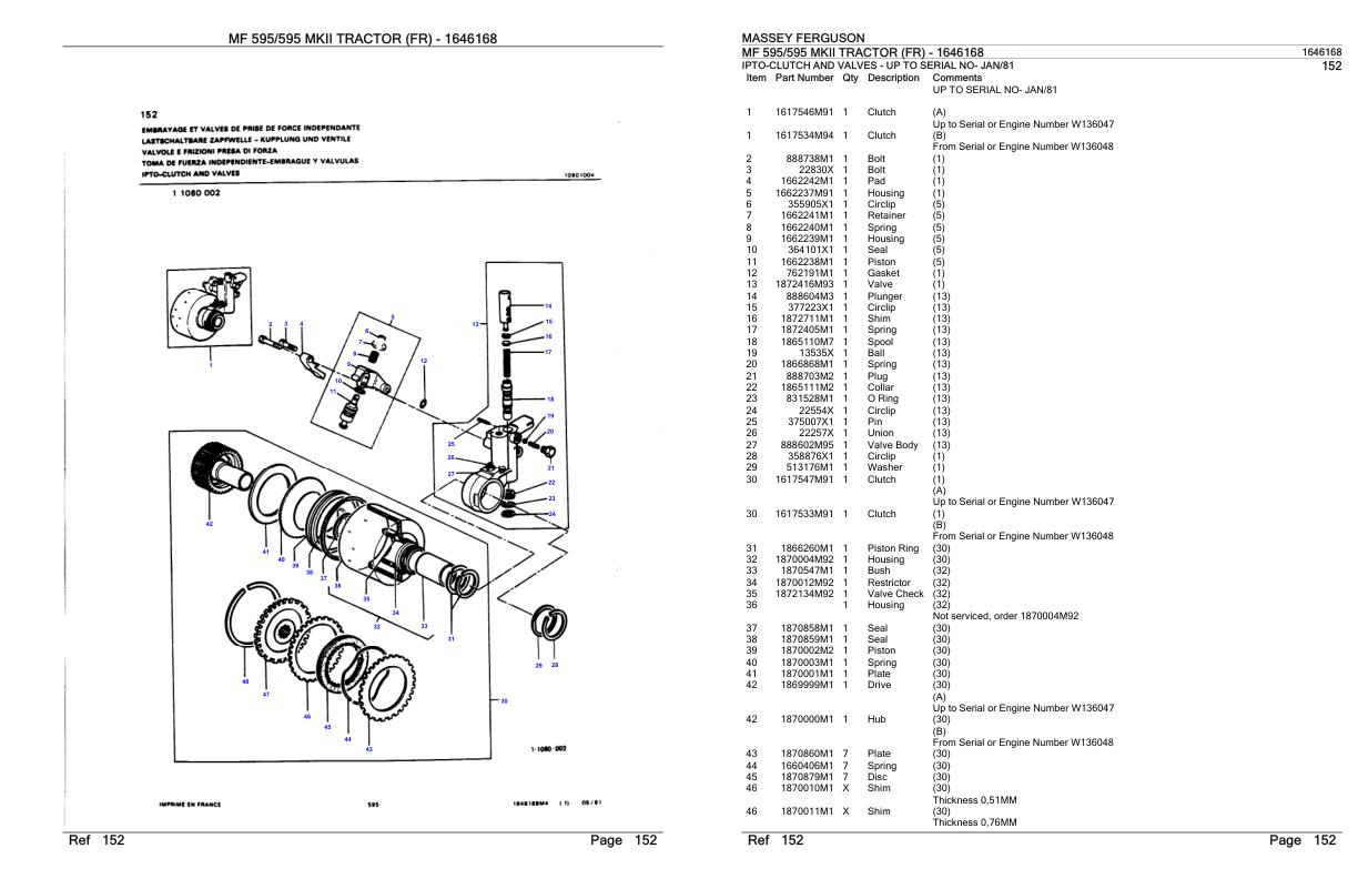 Massey Ferguson MF 595 595 Mkii Tractor Parts Catalog 1646168 1