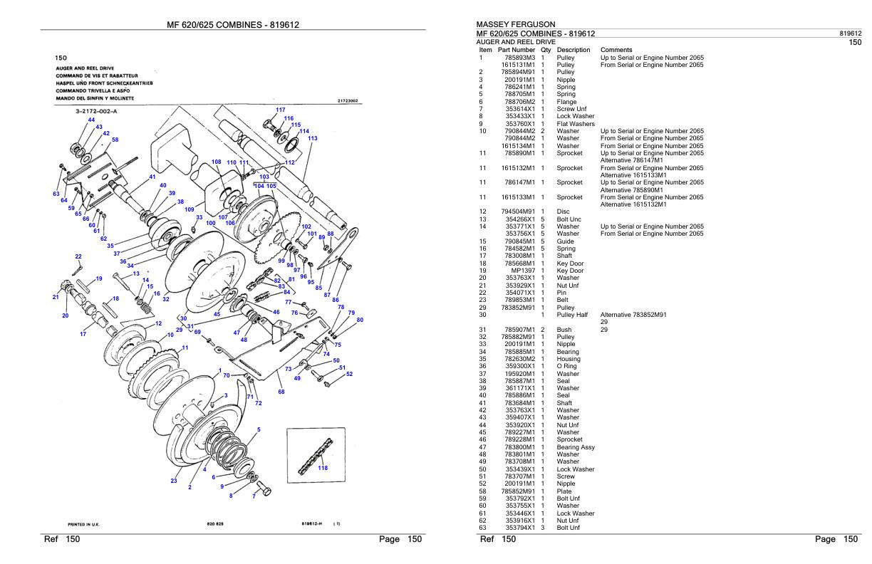 Massey Ferguson MF 620 625 Combine Parts Catalog 819612 1