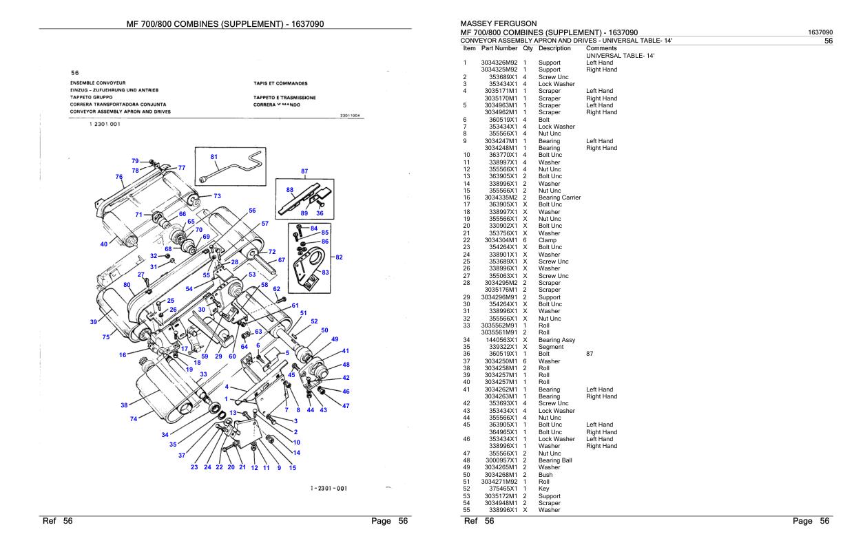 Massey Ferguson MF 700 800 Combine Supplement Parts Catalog 1637090 1