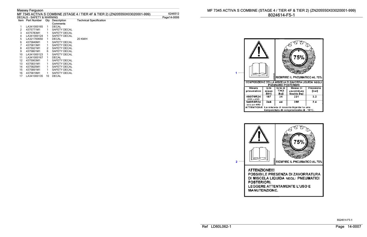 Massey Ferguson MF 7345 Activa S Combine Stage 4 Tier 4F and Tier 2 Parts Catalog 6246512 1