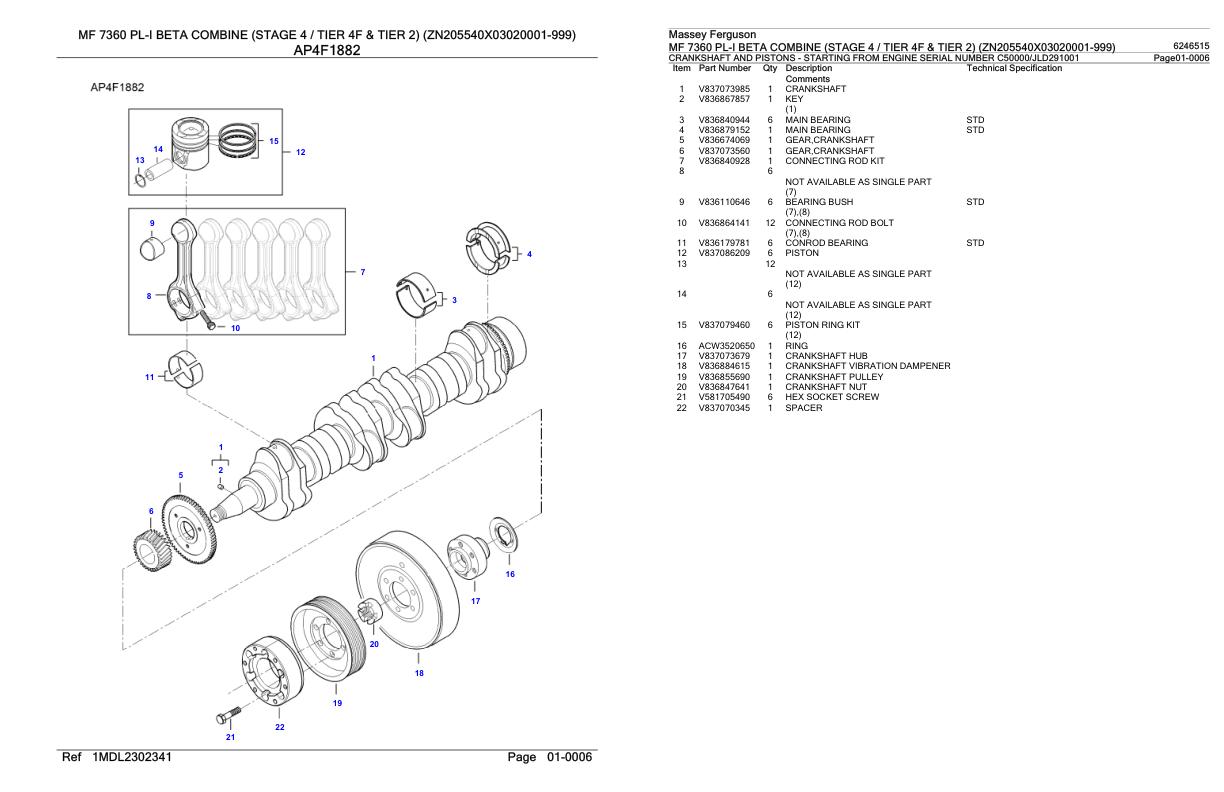 Massey Ferguson MF 7360 PL I Beta Combine Stage 4 Tier 4F and Tier 2 Parts Catalog 6246515 1