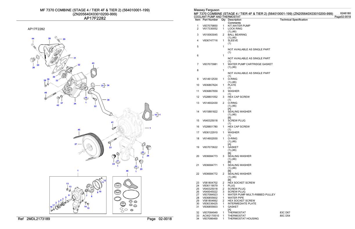 Massey Ferguson MF 7370 Combine Stage 4 Tier 4F and Tier 2 Parts Catalog 6246180 1
