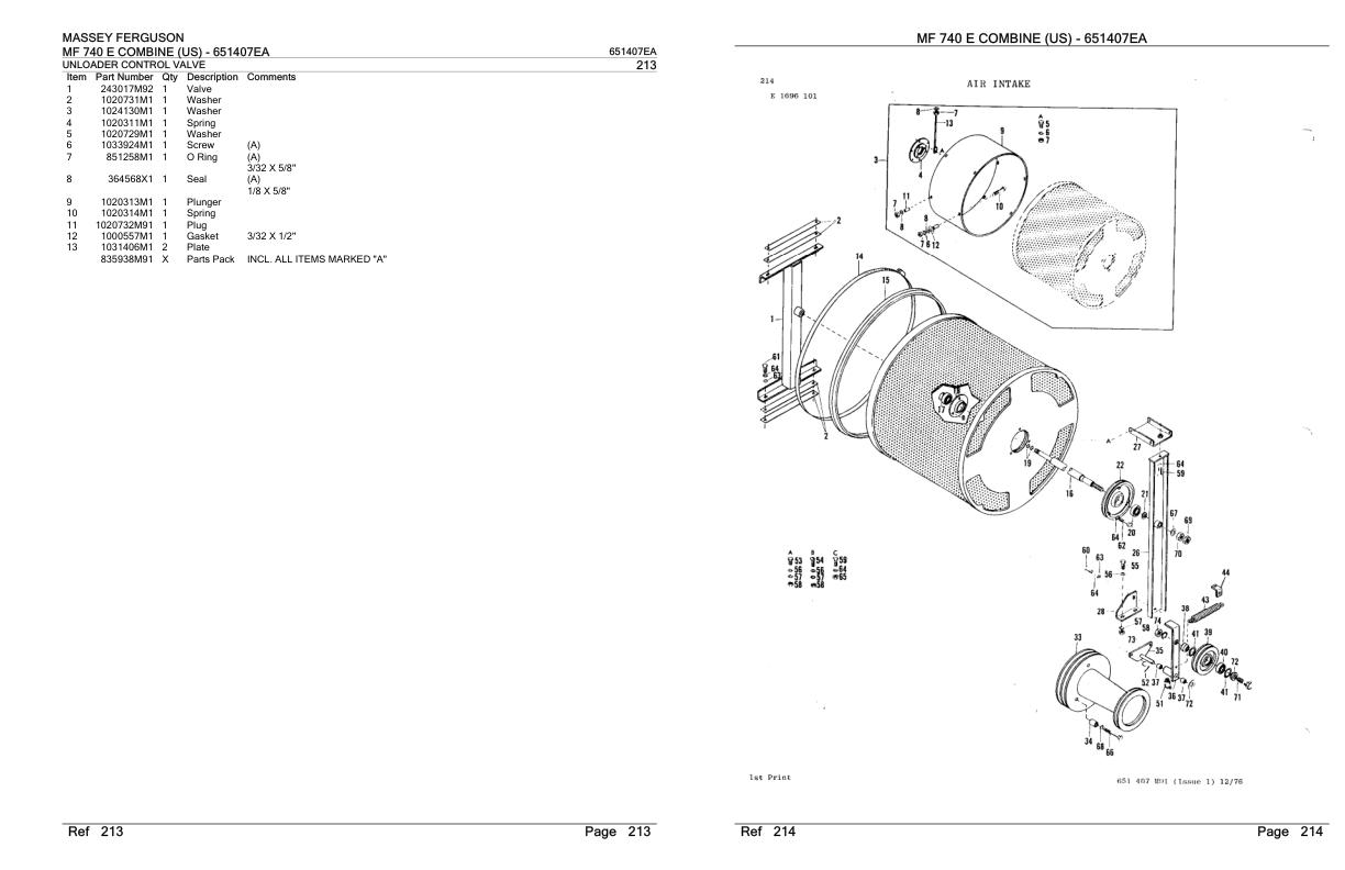 Massey Ferguson MF 740 E Combine US Parts Catalog 651407EA 1