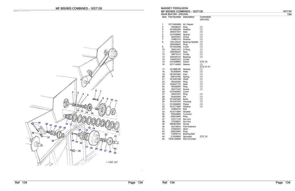 Massey Ferguson MF 800 805 Combine Parts Catalog 1637136 1