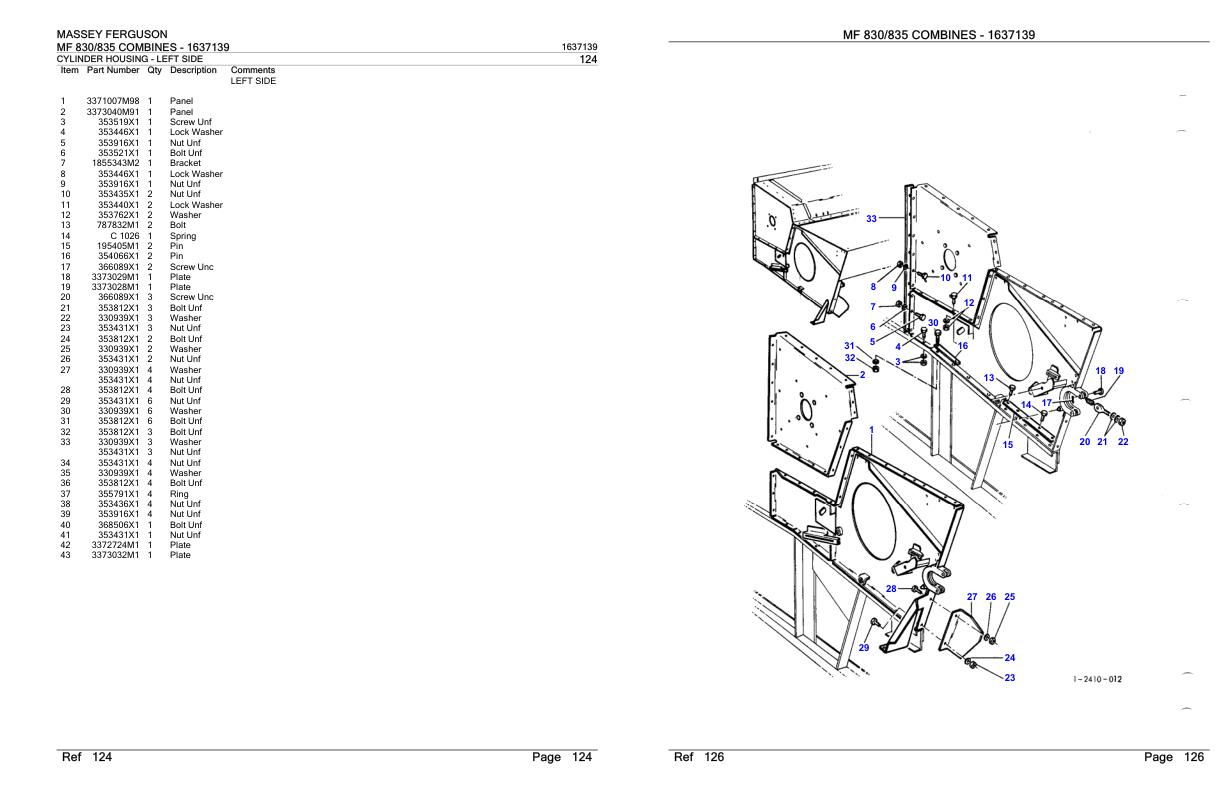 Massey Ferguson MF 830 835 Combine Parts Catalog 1637139 1