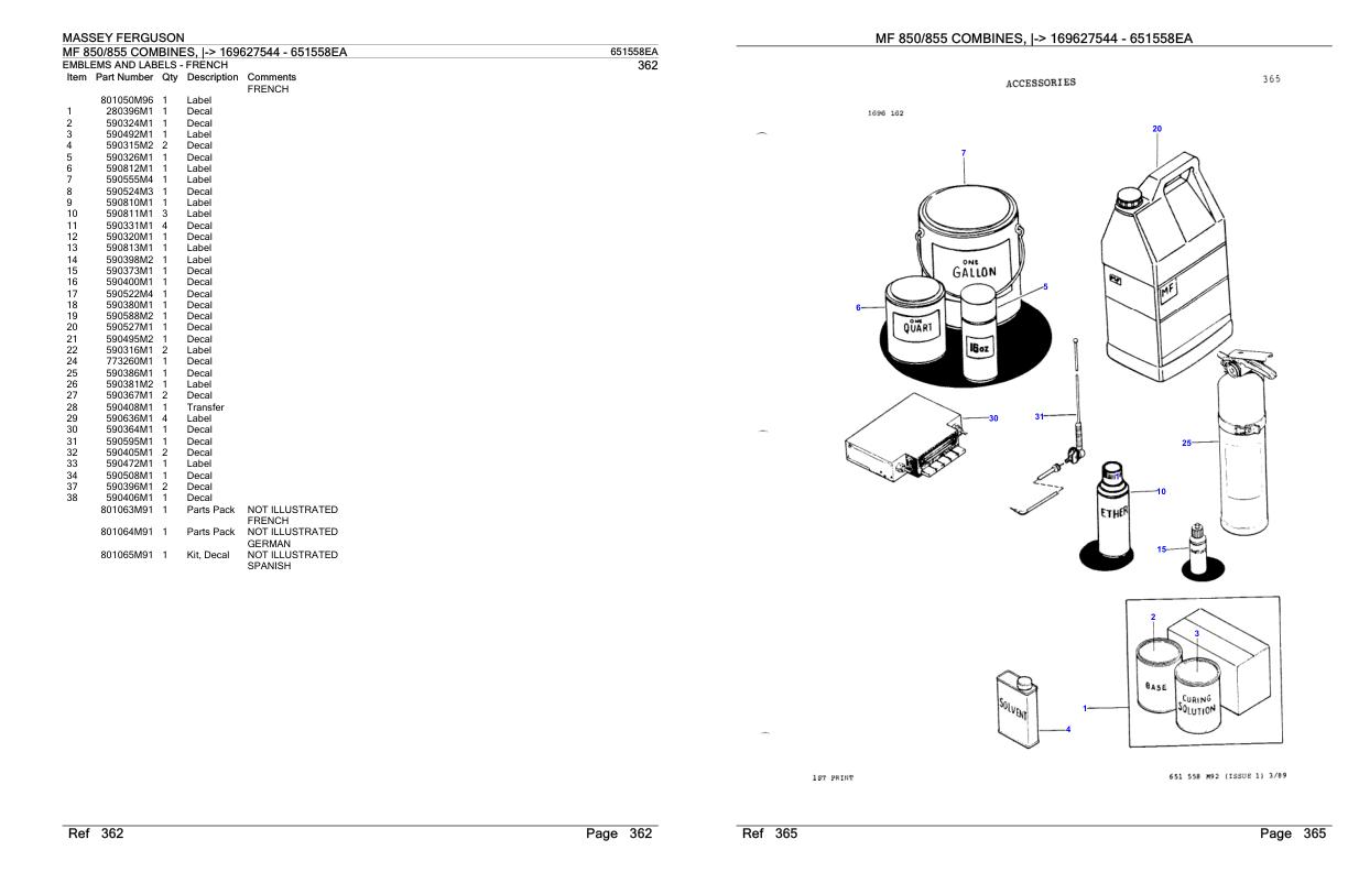 Massey Ferguson MF 850 855 Combine Parts Catalog 651558EA 1