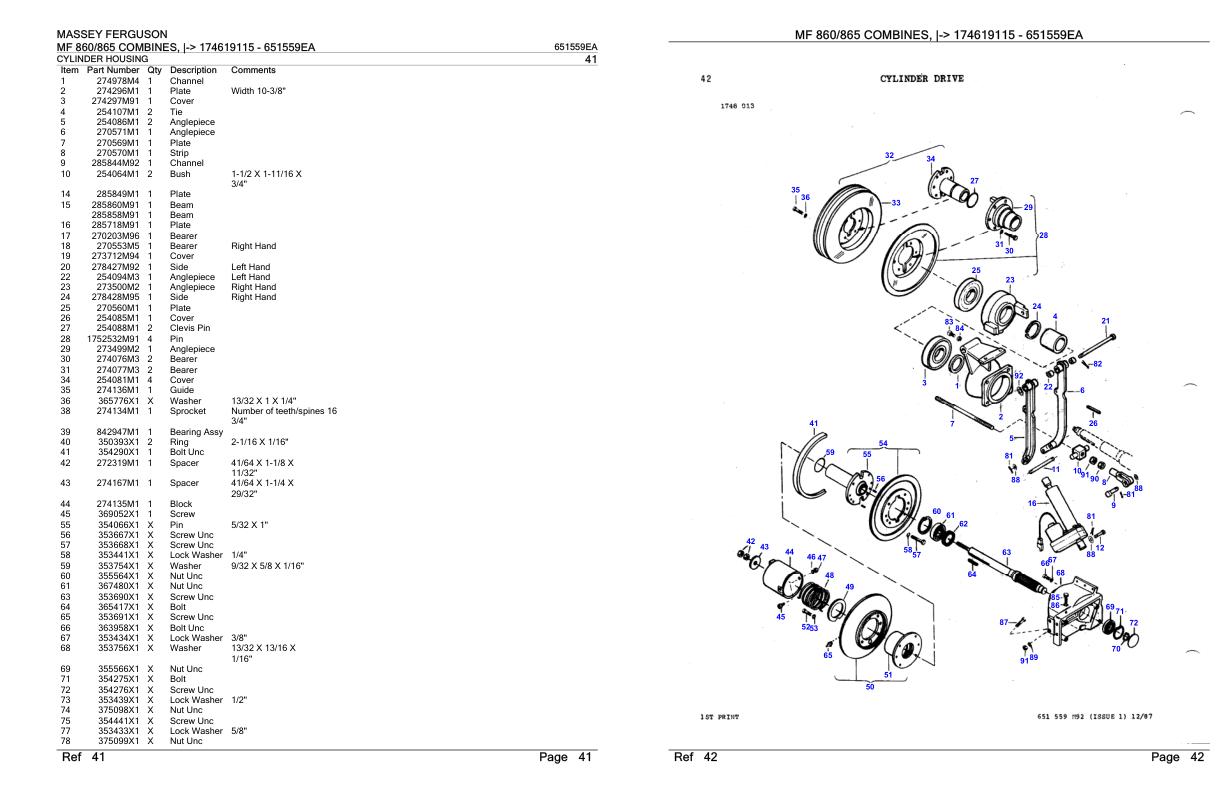 Massey Ferguson MF 860 865 Combine Parts Catalog 651559EA 1