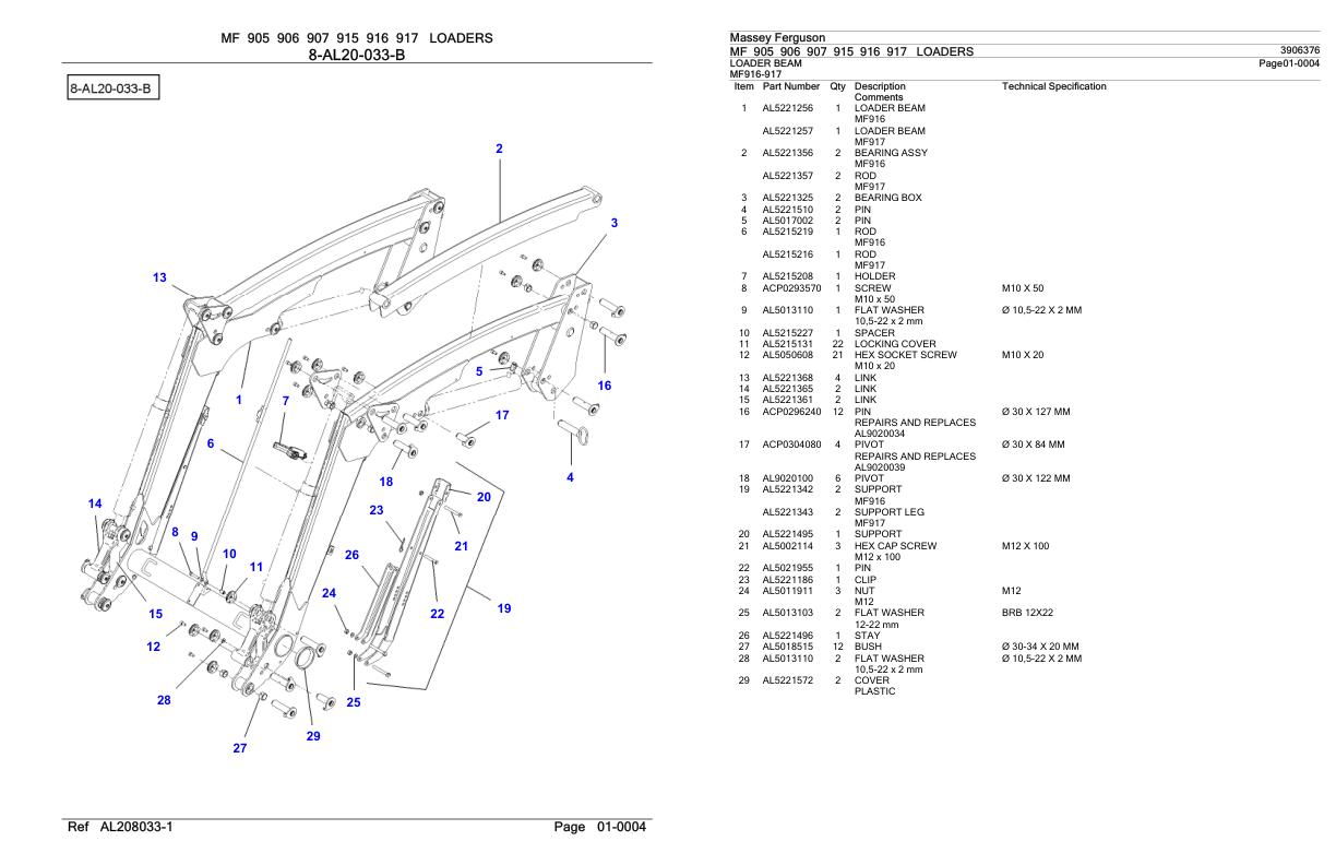 Massey Ferguson MF 905 906 907 915 916 917 Loader Parts Catalog 3906376 1