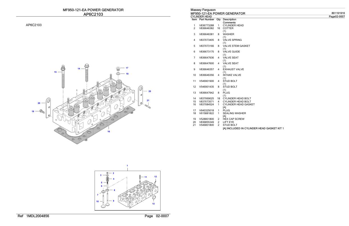 Massey Ferguson MF950 121 EA Power Generator Parts Catalog 891191916 1