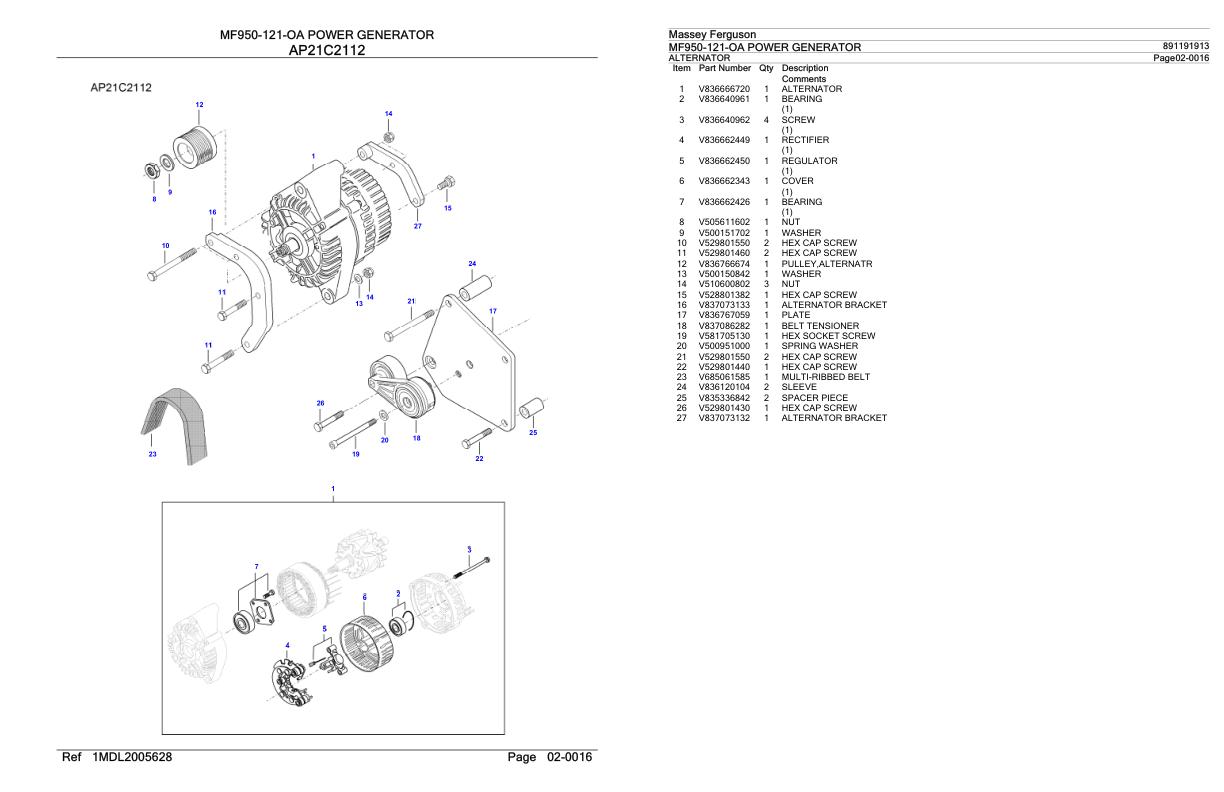 Massey Ferguson MF950 121 OA Power Generator Parts Catalog 891191913 1